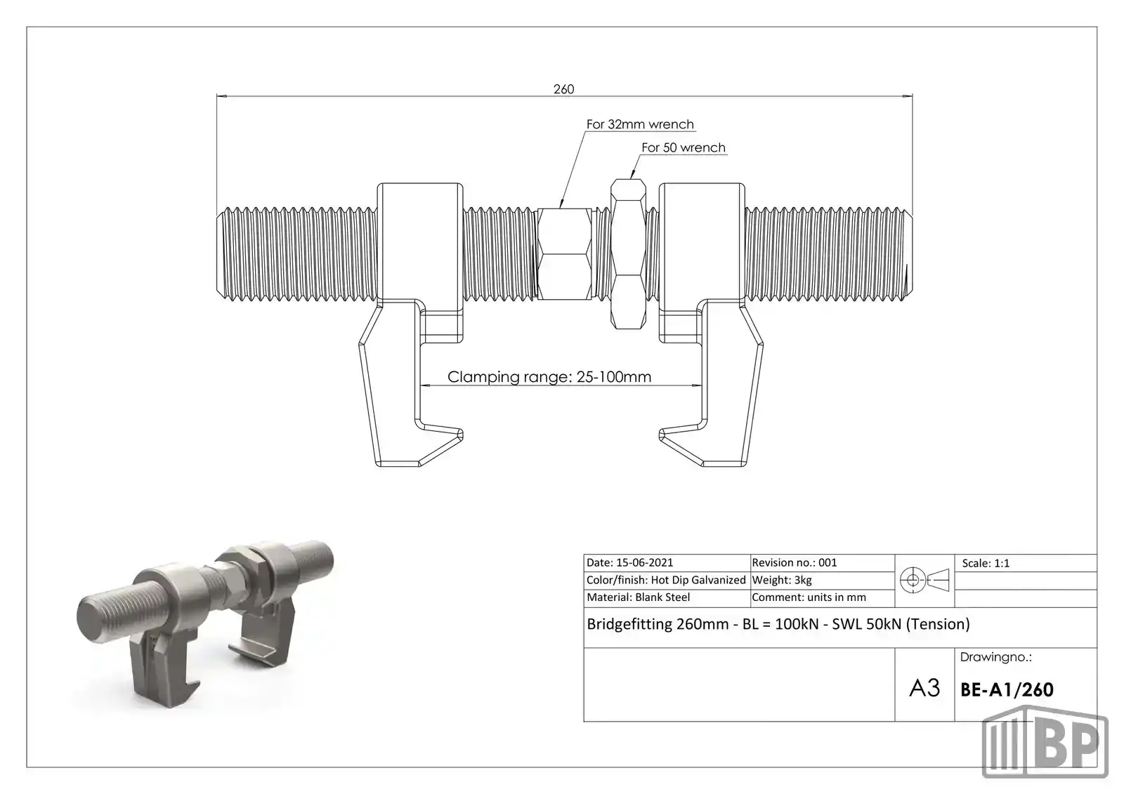 BE-A1/260 Bridgefitting L=260mm