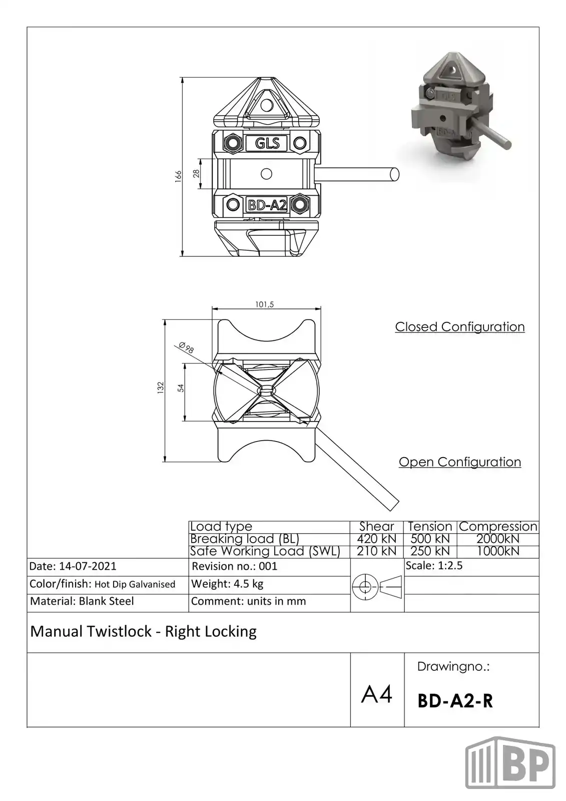 BD-A2/R Intermediate twistlock right handed locked