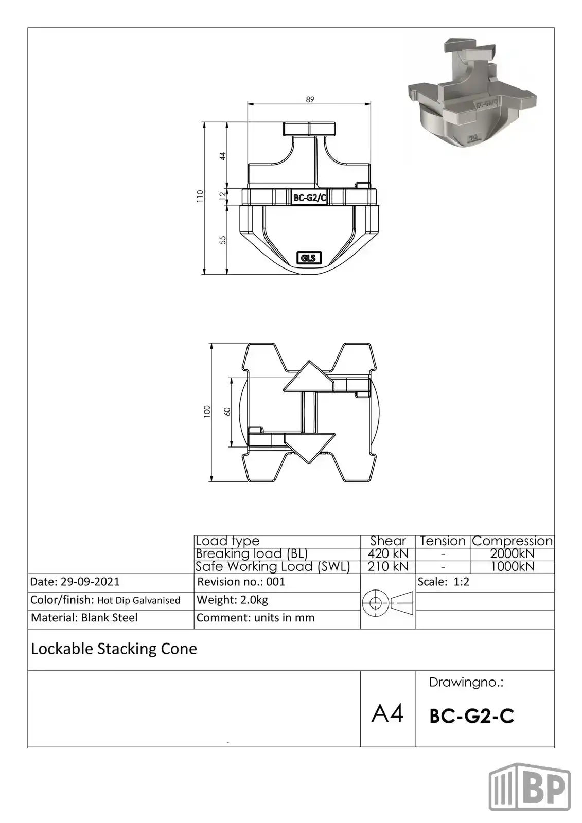 BC-G2/C Selfhanging Stacking cone with flange 12mm